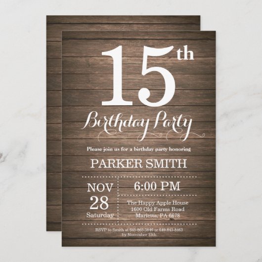 Rustikale Einladung zum 15. Geburtstag (Vorne/Hinten)