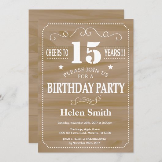 Rustikale Einladung zum 15. Geburtstag (Vorne/Hinten)