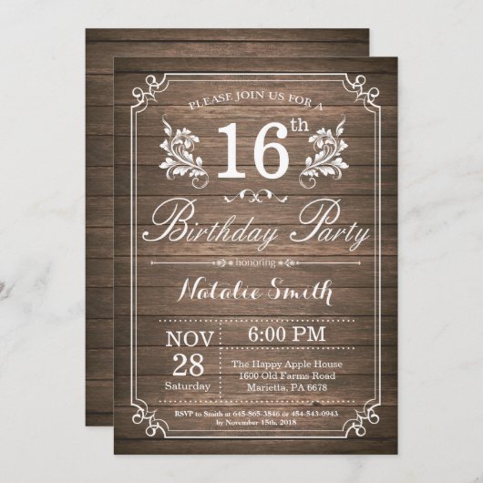 Rustikale Einladung zum 16. Geburtstag (Vorne/Hinten)