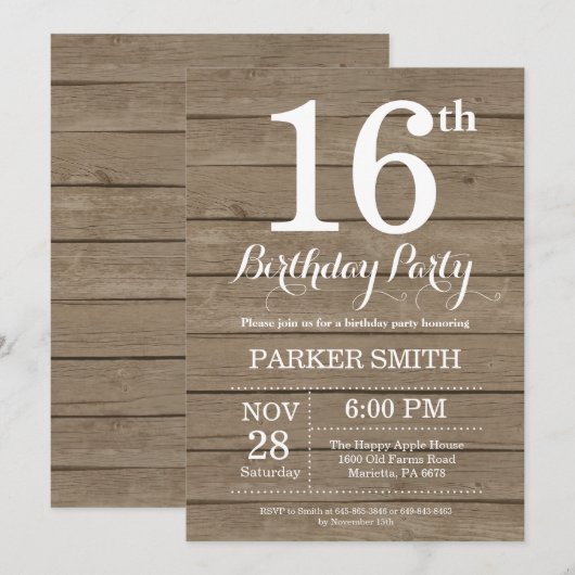 Rustikale Einladung zum 16. Geburtstag (Vorne/Hinten)