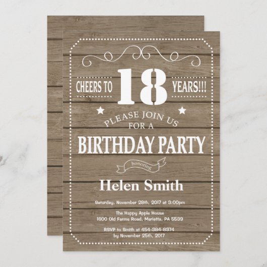 Rustikale Einladung zum 18. Geburtstag (Vorne/Hinten)