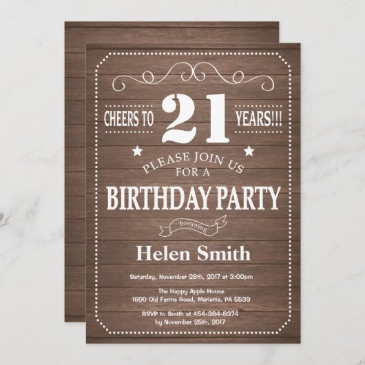 Rustikale Einladung zum 21. Geburtstag (Vorne/Hinten)