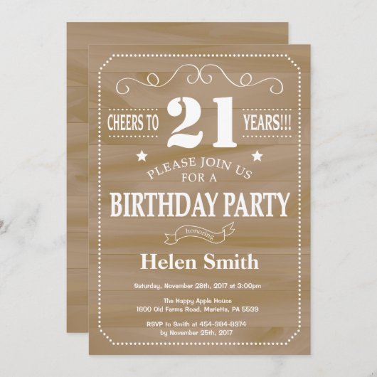 Rustikale Einladung zum 21. Geburtstag (Vorne/Hinten)