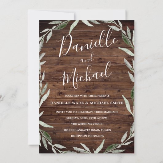 Rustikale Einladung zum Hochzeitsfeiern mit Holzle (Vorderseite)