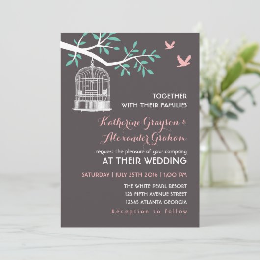 Rustikale Einladung zur Hochzeit von Grauvögeln (Stehend Vorderseite)