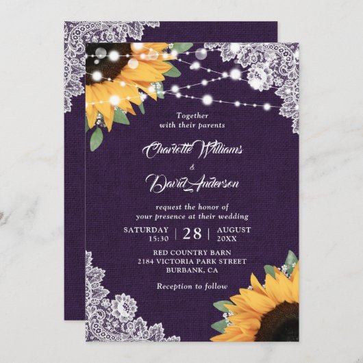 Rustikale Einladung zur Hochzeit von Lila und Sonn (Vorne/Hinten)