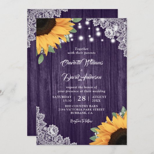 Rustikale Einladung zur Hochzeit von Lila und Sonn (Vorne/Hinten)