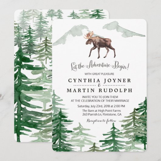 Rustikale Elch-Hochzeitseinladung mit Baum Einladung (Vorne/Hinten)