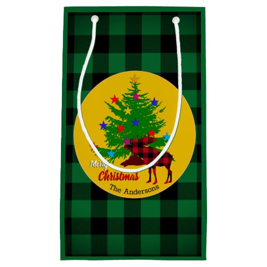 Rustikale Elche, Christbaum, Familienname, Kariert Kleine Geschenktüte (Vorderseite)