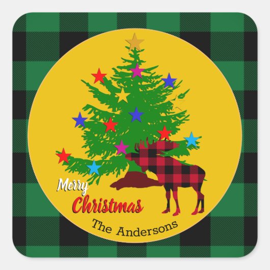 Rustikale Elche, Christbaum, Familienname, Kariert Quadratischer Aufkleber (Vorderseite)