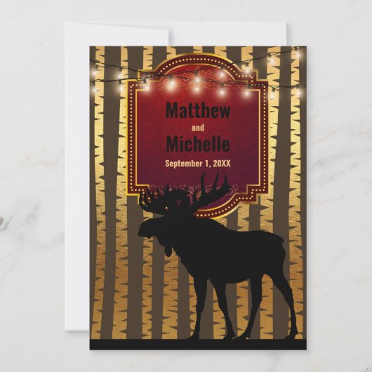 Rustikale Elche, goldene Aspen Bäume und Lichter H Einladung (Vorderseite)