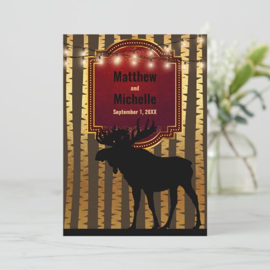 Rustikale Elche, goldene Aspen Bäume und Lichter H Einladung (Stehend Vorderseite)