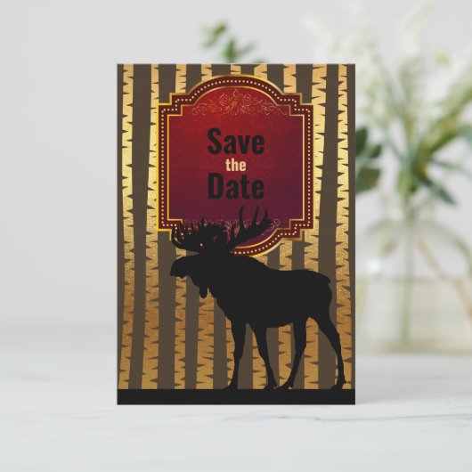 Rustikale Elche und goldene Aspen Bäume Hochzeit Save The Date (Stehend Vorderseite)