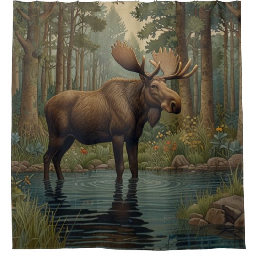 Rustikale Elchhütte mit Waldlandschaft Duschvorhang (Vorderseite)