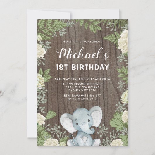 Rustikale Elefantengrün 1. Geburtstag Party Einladung (Vorderseite)