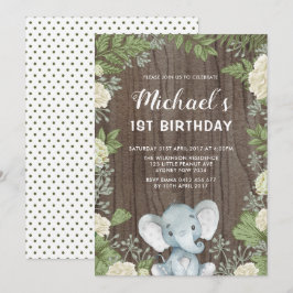 Rustikale Elefantengrün 1. Geburtstag Party Einladung