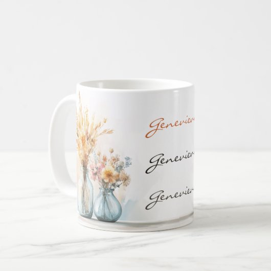 Rustikale Elegance Blumenname Custom Soft Colors Kaffeetasse (Vorderseite Links)