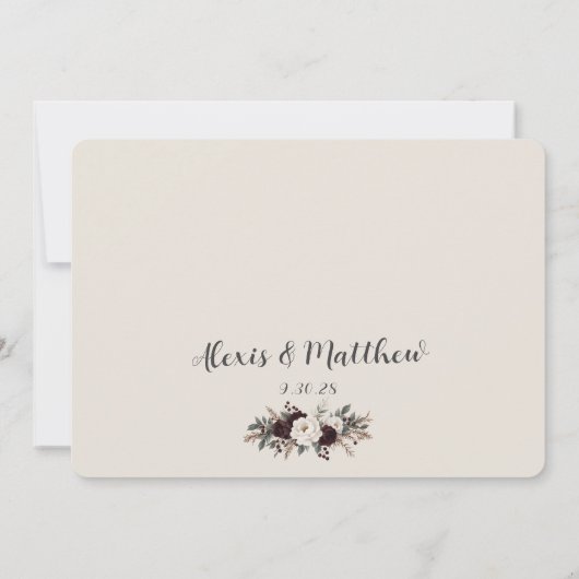 Rustikale Elegance Creme & Burgund Blumenhochzeit Einladung (Rückseite)
