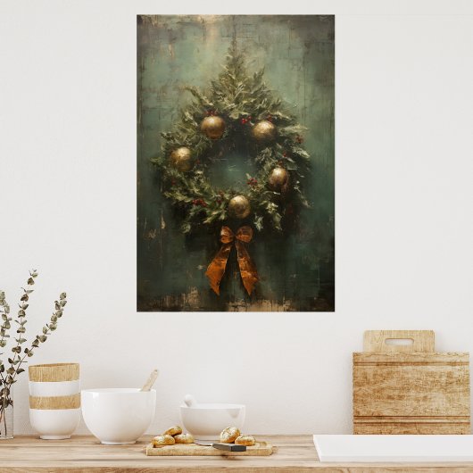 Rustikale Elegance Grün und Gold Weihnachtskranz Poster (Küche)