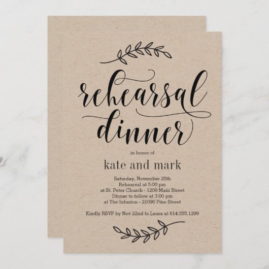 Rustikale Elegance Probe Dinner Einladung Kraft (Vorne/Hinten)