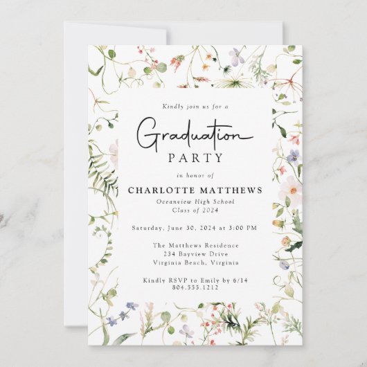 Rustikale Elegance Wildblume Frame Graduation Part Einladung (Vorderseite)