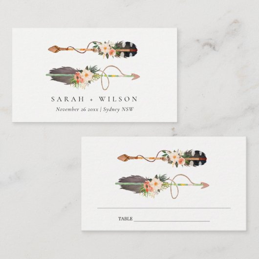 Rustikale Elegant Boho Feather Blumenarrow Hochzei Platzkarte (Vorne/Hinten)