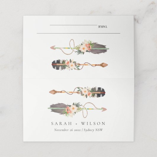 Rustikale Elegant Boho Feather Blumenarrow Hochzei Platzkarte (Außenseite Aufgefaltet)