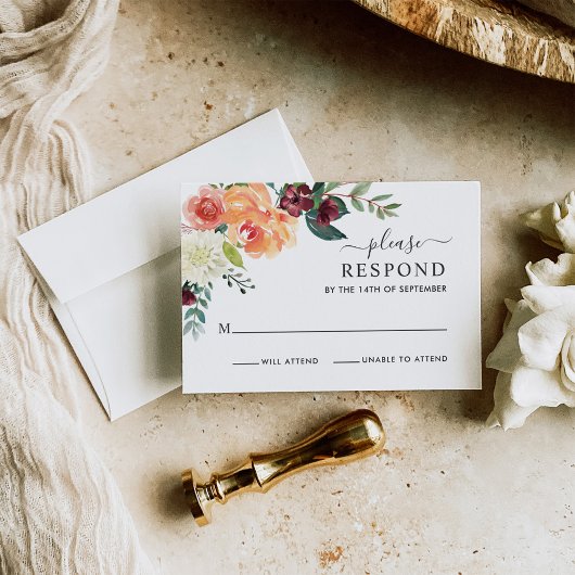 Rustikale Elegant Burgundy Fall Floral Wedding RSVP Karte