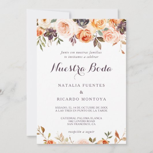 Rustikale Elegant Fall Spanische Hochzeit der Blum Einladung (Vorderseite)