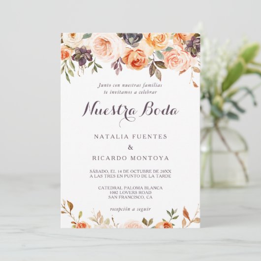 Rustikale Elegant Fall Spanische Hochzeit der Blum Einladung (Stehend Vorderseite)