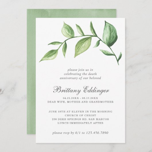 Rustikale Elegant Grüne Todesanfang Einladung (Vorne/Hinten)