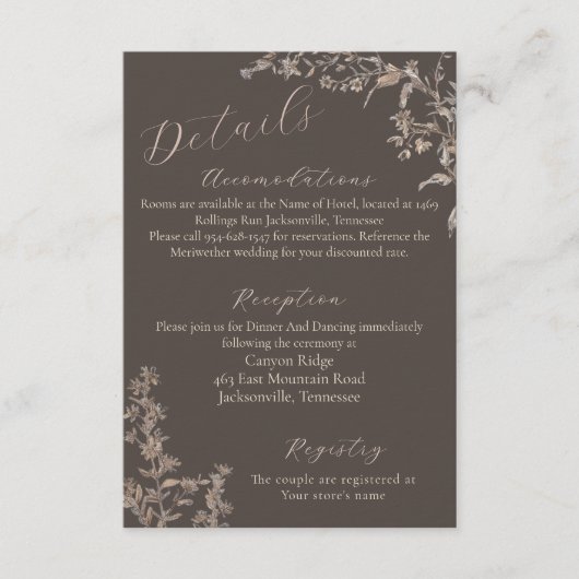 Rustikale Elegant Mocha Script-Wildblumen Hochzeit Begleitkarte (Vorderseite)