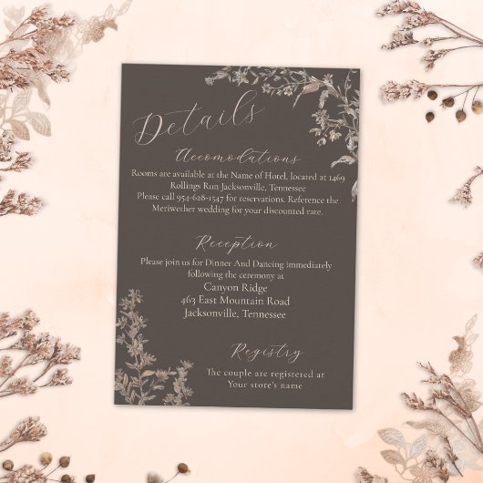 Rustikale Elegant Mocha Script-Wildblumen Hochzeit Begleitkarte