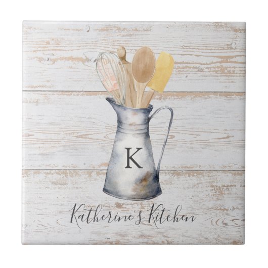Rustikale Elegant Monogram Kitchen Utensils Fliese (Vorderseite)