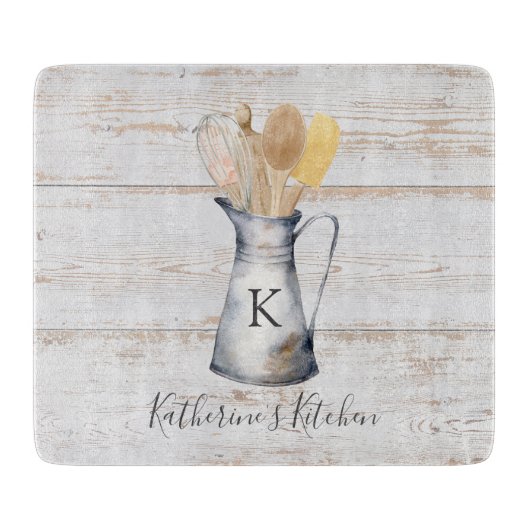 Rustikale Elegant Monogram Kitchen Utensils Schneidebrett (Vorderseite)