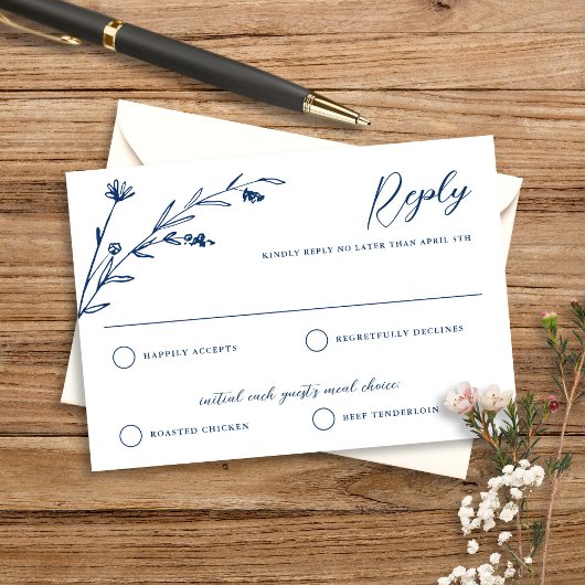 Rustikale Elegant Navy Blue Wildblume Hochzeit RSVP Karte