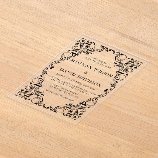 Rustikale Elegant-Ornamental Black Gold Hochzeit Acryleinladungen (Ablage )