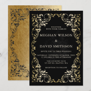 Rustikale Elegant-Ornamental Black Gold Hochzeit Einladung