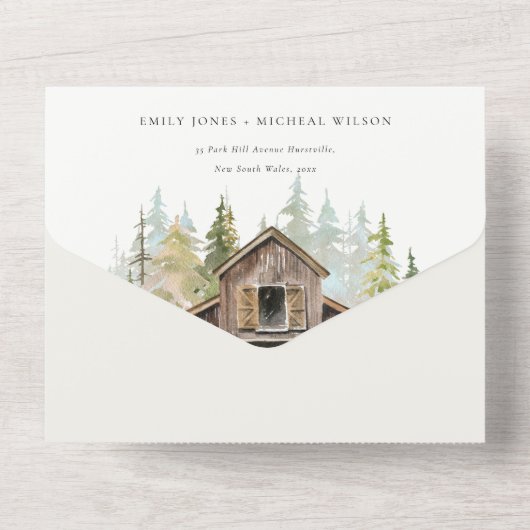 Rustikale Elegant Pine Woods Forest Barnyard Hochz All In One Einladung (Rückseite)