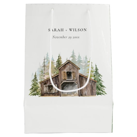 Rustikale Elegant Pine Woods Forest Barnyard Hochz Mittlere Geschenktüte (Rückseite)