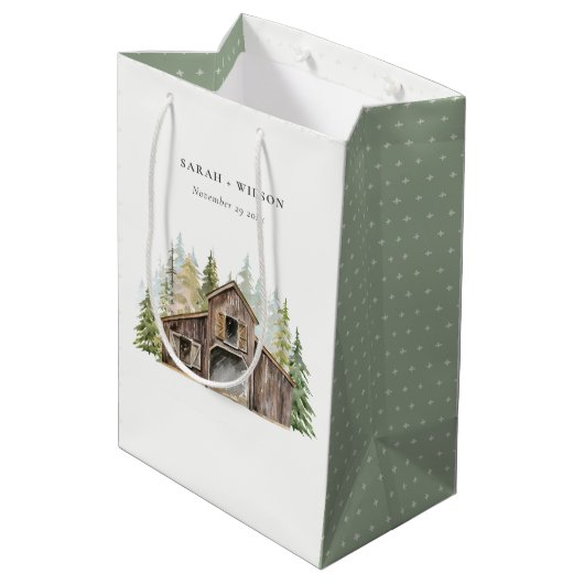 Rustikale Elegant Pine Woods Forest Barnyard Hochz Mittlere Geschenktüte (Rückseite Schrägansicht)