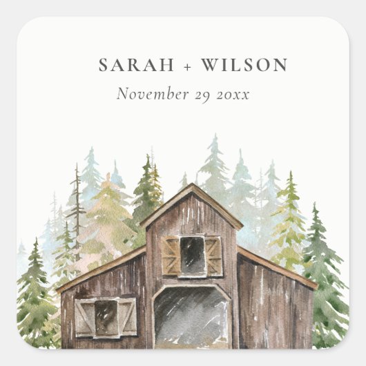 Rustikale Elegant Pine Woods Forest Barnyard Hochz Quadratischer Aufkleber (Vorderseite)