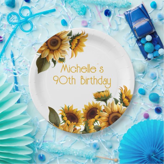 Rustikale Elegant Sonnenblumen Weißer 90. Geburtst Pappteller (Party)