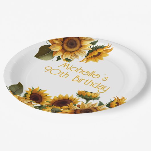Rustikale Elegant Sonnenblumen Weißer 90. Geburtst Pappteller (Schrägansicht)