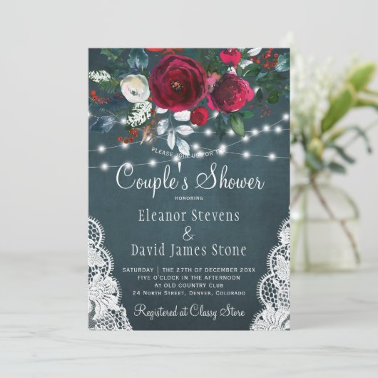Rustikale, elegante, blumengeschmückte Paare dusch Einladung (Stehend Vorderseite)