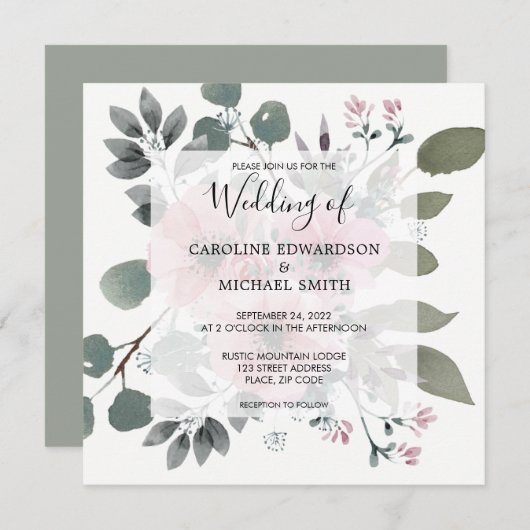 Rustikale, elegante botanische Hochzeit mit floral Einladung (Vorne/Hinten)