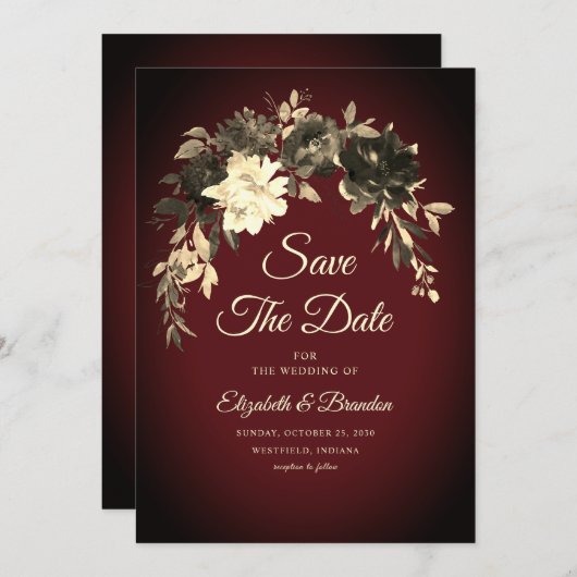 Rustikale, elegante Herbst-Rot-Blume Hochzeit Save The Date (Vorne/Hinten)