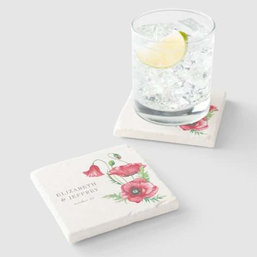 Rustikale elegante Hochzeit mit rotem Poppy Steinuntersetzer (Seitenansicht)