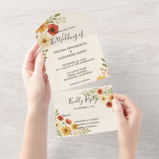 Rustikale, elegante Hochzeitsfeier in Boho All In One Einladung (Abreißen)