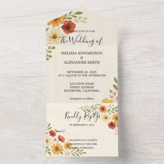 Rustikale, elegante Hochzeitsfeier in Boho All In One Einladung (Innen Boden)